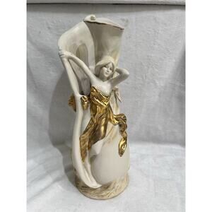 Royal Dux Bohemia Art Nouveau Pottery Figural Vase ~ Lady Maiden Gold Trim VTG